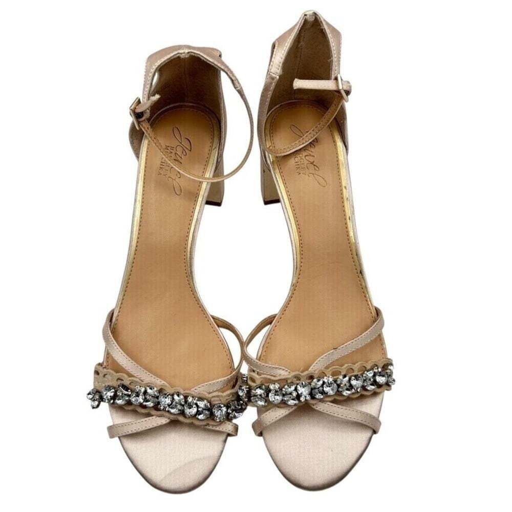 Jewel Badgley Mischka Champagne Satin Crystal Embellished Block Heels Size 8.5 - Picture 3 of 15